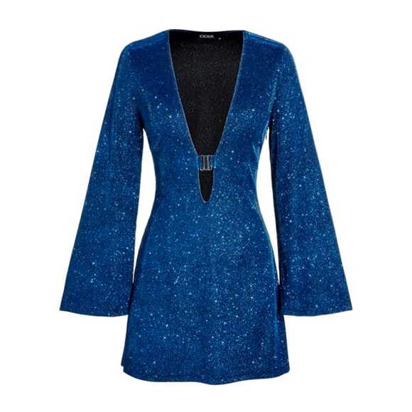 Cider Midnight Blues Sparkly Blue Green Color Shift Long Sleeve Mini Dress - Picture 2 of 11